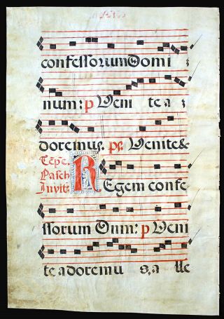 Large Illuminated Manuscript Leaf C.  1550 Music & Gregorian Chant Large Initials
