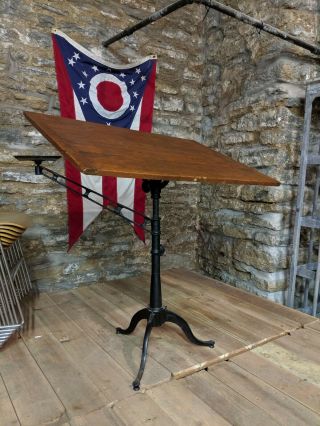 Antique Cast Iron Drafting Table W/ Pencil Arm Industrial Art Desk Study Office