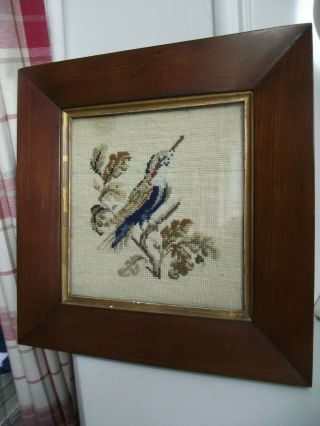 WOOLWORK TAPESTRY OF A BIRD IN ANTIQUE HEAVY WOODEN FRAME 12 