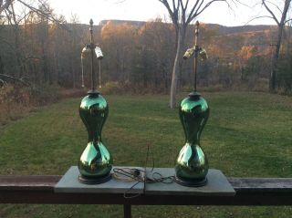Vintage Rare Pair Art Deco Emerald Green Mercury Glass Parlor Lamps Investment