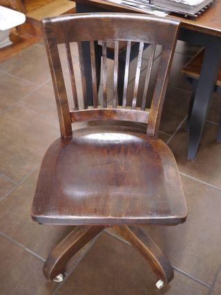 Vintage Antique Gunlocke Signed Solid Dark Walnut Bankers Office Swivel Chair
