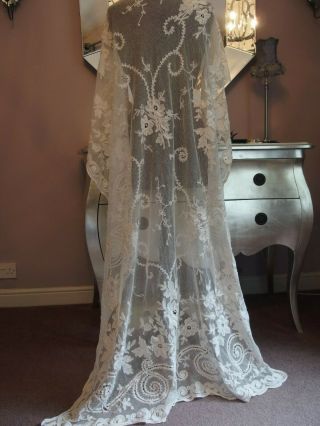 antique Tambour lace curtain or wedding veil Edwardian Art Nouveau 2