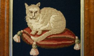 LATE 19TH CENTURY NEEDLEPOINT PICTURE OF A CAT ON A TASSELED CUSHION c.  1870 10