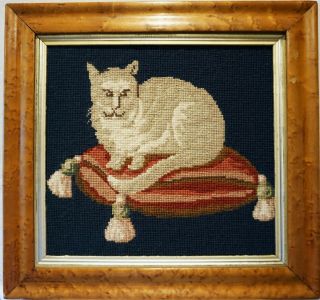 Late 19th Century Needlepoint Picture Of A Cat On A Tasseled Cushion C.  1870