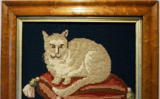 LATE 19TH CENTURY NEEDLEPOINT PICTURE OF A CAT ON A TASSELED CUSHION c.  1870 4