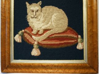 LATE 19TH CENTURY NEEDLEPOINT PICTURE OF A CAT ON A TASSELED CUSHION c.  1870 5