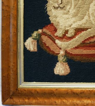 LATE 19TH CENTURY NEEDLEPOINT PICTURE OF A CAT ON A TASSELED CUSHION c.  1870 8