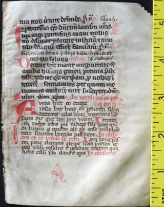 Medieval Ca.  1280 Manuscript Leaf From A Breviary,  Handpt.  Initials In Red 6