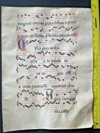 Lg.  Medieval Music Manuscript,  Antiphonary Lf,  Vellum,  2 Lg.  Handptd.  Initials,  C.  1500