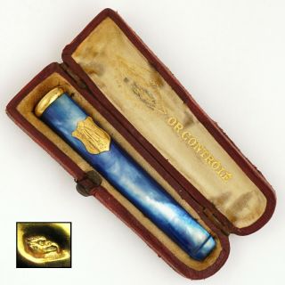 Antique French 18k Gold Mounted Blue Mother Of Pearl Cigarette Or Cheroot Holder