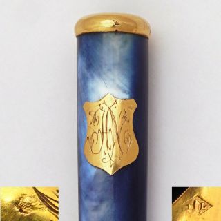 Antique French 18k Gold Mounted Blue Mother of Pearl Cigarette or Cheroot Holder 4