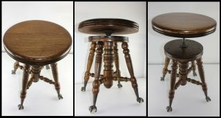 Antique Solid Oak Adjustable Piano Organ Stool w Eagle Claw Glass Ball Feet 2