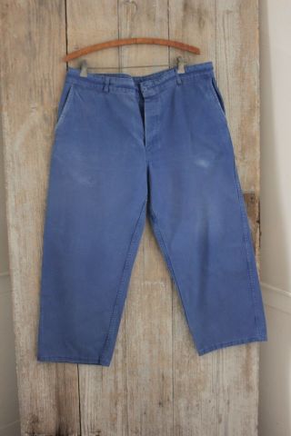 Vintage French Work Wear Pants Clothes Blue Farmers Chore Trousers 37 Inch Waist