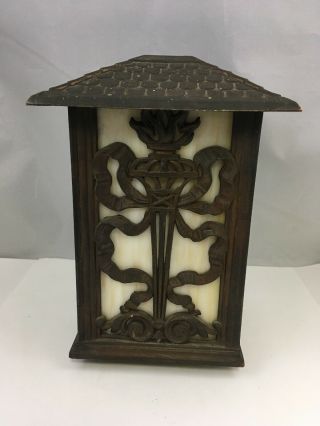 Antique Slag Glass Lamp Lantern 4 Panel Ornate Design 5