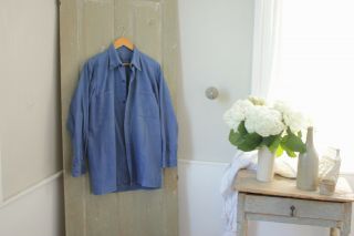 Workwear blue Antique French shirt button up WORK / CHORE wear old blouse men ' s 2