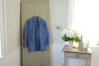 Workwear blue Antique French shirt button up WORK / CHORE wear old blouse men ' s 3