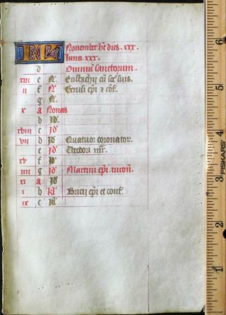 Medieval Illuminated Vellum Manuscript Lf,  Boh.  Calendar,  November,  Gold Init.  C.  1460