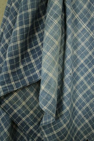 French Fabric 18th Century Blue Plaid Linen Material Textile Faded Indigo Cloth
