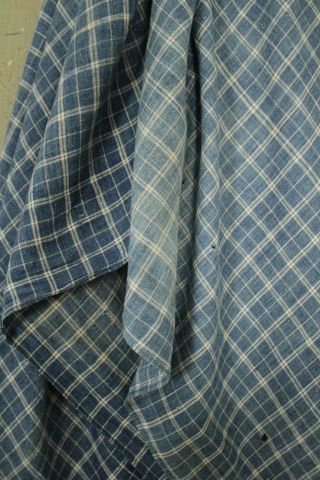 French fabric 18th century blue plaid LINEN material textile faded Indigo cloth 5