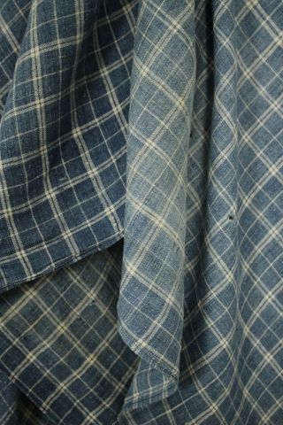 French fabric 18th century blue plaid LINEN material textile faded Indigo cloth 6