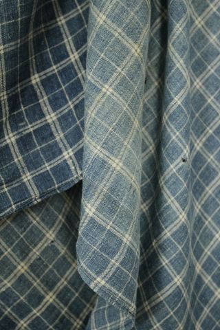 French fabric 18th century blue plaid LINEN material textile faded Indigo cloth 7