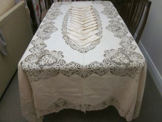 Vintage Battenberg Lace And Cotton Emb Banquet Tablecloth With 12 Napkins