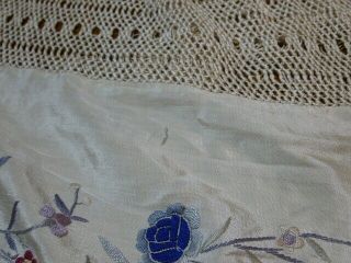 Large Antique Beige Silk Piano Shawl With Fringe Floral Embroidery 12
