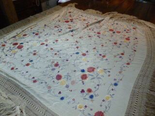 Large Antique Beige Silk Piano Shawl With Fringe Floral Embroidery 2