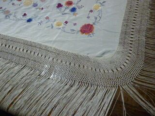 Large Antique Beige Silk Piano Shawl With Fringe Floral Embroidery 3