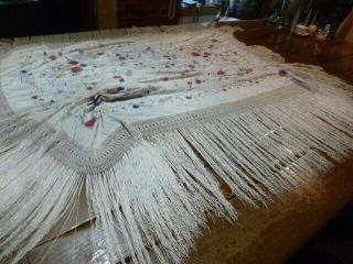 Large Antique Beige Silk Piano Shawl With Fringe Floral Embroidery 5