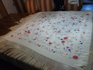 Large Antique Beige Silk Piano Shawl With Fringe Floral Embroidery 8