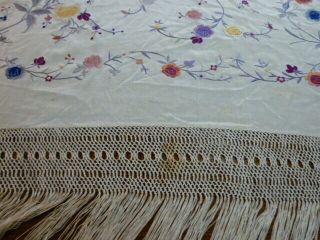 Large Antique Beige Silk Piano Shawl With Fringe Floral Embroidery 9