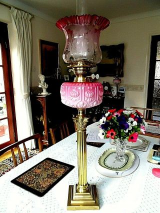 A Quality Rose Pink/cranberry Victorian Twin Duplex Table Oil Lamp.