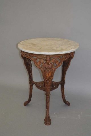 Antique English Cast Iron Garden Table With White Marble Top,