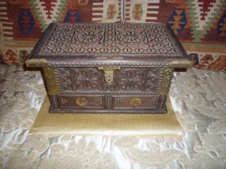 Carved Wood & Brass Dowry Chest Zanzibar? Folk Art 16 " X 9 " X 9 "