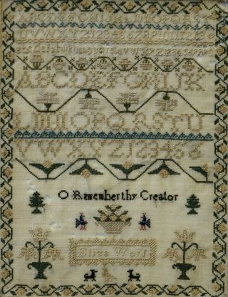 SMALL EARLY/MID 19TH CENTURY ALPHABET & MOTIF SAMPLER BY ELIZA WORS - c.  1840 11
