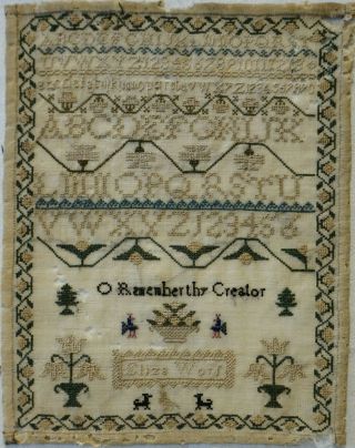 Small Early/mid 19th Century Alphabet & Motif Sampler By Eliza Wors - C.  1840