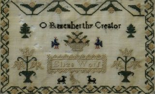 SMALL EARLY/MID 19TH CENTURY ALPHABET & MOTIF SAMPLER BY ELIZA WORS - c.  1840 8
