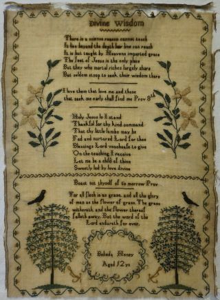 Mid 19th Century Verse & Motif Sampler By Belinda Honey Aged 12 - C.  1845