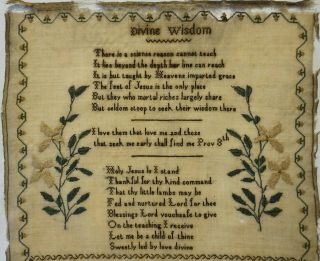 MID 19TH CENTURY VERSE & MOTIF SAMPLER BY BELINDA HONEY AGED 12 - c.  1845 2