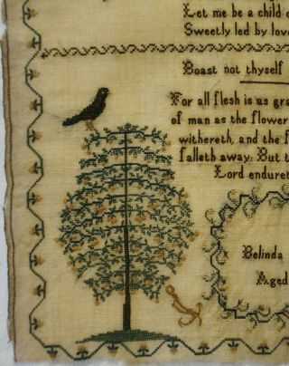 MID 19TH CENTURY VERSE & MOTIF SAMPLER BY BELINDA HONEY AGED 12 - c.  1845 6