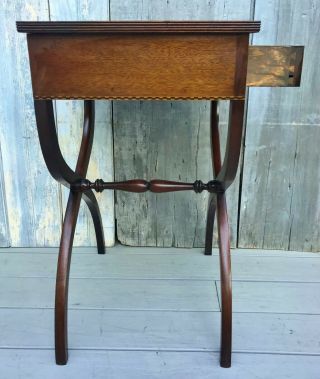 Antique Federal Inlaid Mahogany One - Drawer Stand w/ X Legs & Leather Top c.  1880 10