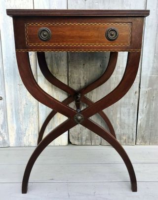 Antique Federal Inlaid Mahogany One - Drawer Stand W/ X Legs & Leather Top C.  1880