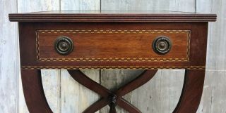 Antique Federal Inlaid Mahogany One - Drawer Stand w/ X Legs & Leather Top c.  1880 2