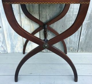 Antique Federal Inlaid Mahogany One - Drawer Stand w/ X Legs & Leather Top c.  1880 3