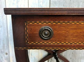 Antique Federal Inlaid Mahogany One - Drawer Stand w/ X Legs & Leather Top c.  1880 4