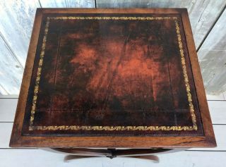 Antique Federal Inlaid Mahogany One - Drawer Stand w/ X Legs & Leather Top c.  1880 5