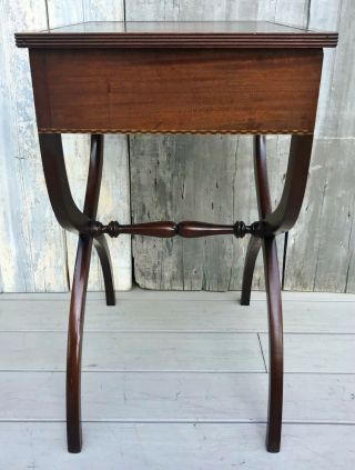 Antique Federal Inlaid Mahogany One - Drawer Stand w/ X Legs & Leather Top c.  1880 8