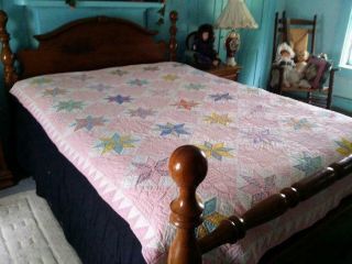 Vintage Feedsack Fabric Star Quilt 30s 40s Floral Novelty Pink Accents 70x95