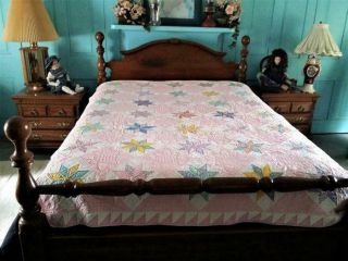 Vintage Feedsack Fabric Star Quilt 30s 40s Floral Novelty Pink Accents 70x95 2